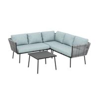 Outsunny conjunto de muebles de ratán 4 piezas con marco de aluminio set de muebles de jardín 2 sofá de 2 plazas sofá de esquina mesa de centro con 6 cojines acolchados para exterior patio azul claro