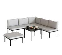 Outsunny Conjunto de Muebles Jardín Exterior de 6 Piezas Sofá Exterior Seccional Forma de L con Sofá de 2 Plazas Módulo de Esquina 2 Sillones Reposapiés Mesa con Tapa de Vidrio y Cojines Gris Claro Gr