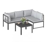 Outsunny Conjunto de Muebles Jardín Exterior de 3 Piezas, Sofá Exterior Seccional Resistente Forma de L con Cojines, 2 Sofás de 2 Plazas, Reposabrazos Ajustables y Mesa Centro de Listones, Gris Gray