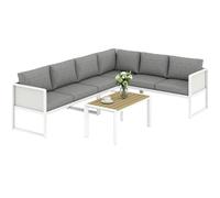 Outsunny Conjunto jardín 4 pzas Seccional L 3 sofás 2p Textilene Mesa WPC Cojines gris claro/blanco