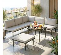 Outsunny Conjunto de Muebles Jardín Exterior de 6 Piezas Sofá Exterior Seccional Forma de L con Sofá de 2 Plazas Módulo de Esquina 2 Sillones Reposapiés Mesa con Tapa de Vidrio y Cojines Gris Claro Gr