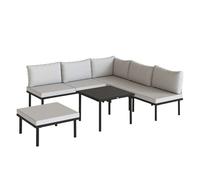 Outsunny Conjunto de Muebles Jardín Exterior de 6 Piezas Sofá Exterior Seccional Forma de L con Sofá de 2 Plazas Módulo de Esquina 2 Sillones Reposapiés Mesa con Tapa de Vidrio y Cojines Gris Claro Gr