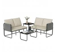 Outsunny Conjunto Jardín Exterior de 4 Piezas, Muebles Jardín Exterior con 2 Sofás 2 Plazas, 2 Mesas de Vidrio, Cojines, Fundas Extraíbles, Bolsillos, Tela Textilene Transpirable, Marco Acero Khaki 11