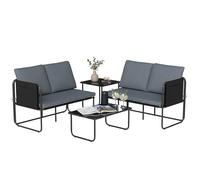 Outsunny Conjunto Jardín Exterior de 4 Piezas, Muebles Jardín Exterior con 2 Sofás 2 Plazas, 2 Mesas de Vidrio, Cojines, Fundas Extraíbles, Bolsillos, Tela Textilene Transpirable, Marco Acero, Gris