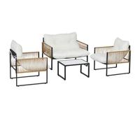 Outsunny Conjunto Jardín Exterior de Ratán 4 Piezas Patio Crema y Marrón | Muebles Jardín Exterior, Muebles Terraza, 1 Sofá de 2 Plazas, 2 Sillones, Cojines, 1 Mesa de Tablero de Vidrio