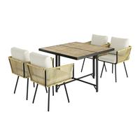 Outsunny Conjunto Mesa y Sillas Jardín de Ratán 5 Piezas Set de Mesa de Madera 4 Sillas con Cojines Extraíbles Beige Aosom España