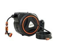 Outsunny Enrollador de Manguera para Jardín 23+2 m con 12 Modos de Rociado, Carrete de Manguera de Jardín de Pared con Bloqueo Automático y Retracción Controlada, Soporte Orientable 180°, Naranja