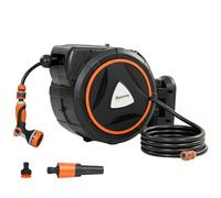 Outsunny Enrollador de Manguera para Jardín 23+2 m con 12 Modos de Rociado, Carrete de Manguera de Jardín de Pared con Bloqueo Automático y Retracción Controlada, Soporte Orientable 180°, Naranja