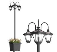 Outsunny farola solar exterior de jardín con macetero 3 cabezales impermeable ip44 encendido/apagado automático y altura ajustable luz solar de exterior led para terraza patio 52x52x185 cm negro