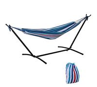 Outsunny Hamaca con Soporte 310x117 cm Hamaca de Camping con Bolsa de Transporte Portátil Altura Ajustable Carga 120 kg para Patio Terraza Rayas Azul y Blanco