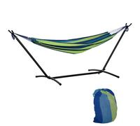 Outsunny Hamaca con Soporte 310x117 cm Hamaca de Camping con Bolsa de Transporte Portátil Altura Ajustable Carga 120 kg para Patio Terraza Rayas Verde y Azul