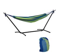 Outsunny Hamaca con Soporte 310x117 cm Hamaca de Camping con Bolsa de Transporte Portátil Altura Ajustable Carga 120 kg para Patio Terraza Rayas Naranja y Rojo Green and blue 310x117x105cm