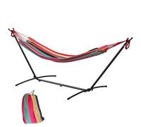 Outsunny Hamaca con Soporte 310x117 cm Hamaca de Camping con Bolsa de Transporte Portátil Altura Ajustable Carga 120 kg para Patio Terraza Rayas Naranja y Rojo