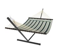 Outsunny Hamaca con Soporte, Hamaca de Jardín Portátil con Almohada Desmontable, Barras Separadoras, Marco de Acero, Carga 120 kg, para Patio, Terraza, Diseño Rayas, 353x94x115 cm, Verde