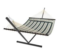 Outsunny Hamaca con Soporte, Hamaca de Jardín Portátil con Almohada Desmontable, Barras Separadoras, Marco de Acero, Carga 120 kg, para Patio, Terraza, Diseño Rayas, 353x94x115 cm, Verde