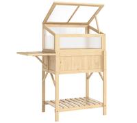 Outsunny Huerto elevado con cubierta tipo invernadero de madera, caja para plantas con invernadero abatible, mesa lateral y estante, madera natural Aosom España