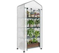 Outsunny Invernadero de Exterior con 4 Estantes Ruedas Puerta Enrollable Cubierta de PE y Marco de Acero 69x50x165 cm Blanco BLANCO