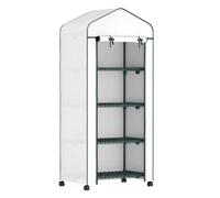 Outsunny invernadero de exterior con 4 estantes y ruedas, invernadero pequeño con puerta enrollable, marco de acero y cubierta de pe 140g/㎡, anti-uv para plantas, macetas, flores, 70x50x165 cm, blanco