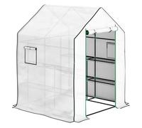 Outsunny invernadero de exterior invernadero pequeño de 3 niveles con 6 estantes puerta enrollable cubierta de pe y marco de acero para cultivos plantas flores 140x143x190 cm blanco