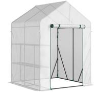 Outsunny Invernadero de Jardín 143x73x195 cm Vivero Casero de Acero con 2 Estantes y Puerta Enrollable para Cultivos Plantas Macetas Flores Blanco