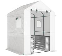 Outsunny Invernadero para tomates Invernadero de film con bancal integrado Puerta enrollable Ventana Techo inclinado 141 x 141 x 190 cm Blanco Aosom España