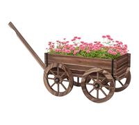 Outsunny Jardinera de Madera Macetero Exterior en Forma de Carrito con 4 Ruedas y Mango para Balcón Jardín Patio 120x41x54 cm Carbonizado