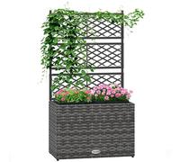 Outsunny - Jardinera para plantas con celosía, 2 macetas, bandeja para planta, jardinera, 22L, jardín, balcón, patio exterior, resina trenzada y acero galvanizado, 57 x 30 x 107 cm, color gris