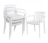Outsunny Juego de 4 Sillas de Jardín Exterior Apilables, Sillas Terraza Exterior de PP con Respaldo Curvado, Asiento de Listones, Reposabrazos, 55x58,5x81,5 cm, Blanco BLANCO