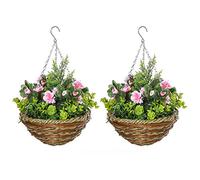 Outsunny Juego de 2 Plantas Colgantes de Lisianthus Sintéticas para Interior con Maceta de Mimbre y Cadenas Ø25x34 cm Rosa y Verde