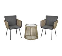 Outsunny Juego de 2 Sillas y Mesa de Ratán con Cojines Acolchados y Encimera de Vidrio para Balcón Terraza Café y Gris