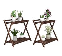Outsunny Juego de 2 soportes para plantas de interior, 2 niveles, estantes de madera para plantas con soporte trasero, soporte para plantas de interior y exterior, para jardín, balcón, salón, marrón