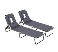 Outsunny Juego de 2 Tumbonas Plegables Tumbonas de Jardín con Respaldo Ajustable en 4 Posiciones Orificio de Lectura y Almohada para Camping Playa Terraza 190x56x28 cm Gris