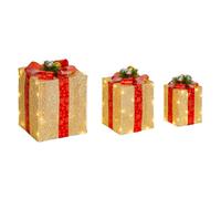 Outsunny Juego de 3 Cajas de Regalo Navidad con Luces 58 LED Dorado | Adornos Luminosos para Árbol de Navidad, Blanco Cálido, Iluminación Navideña para Interior, Exterior y Fiesta