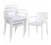 Outsunny Juego de 4 Sillas de Jardín Exterior Apilables de PP con Respaldo Curvado Asiento de Listones 55x58,5x81,5 cm Blanco