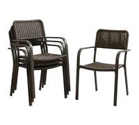 Outsunny Juego de 4 Sillas de Jardín Exterior Apilables, Sillas de Comedor Exterior Efecto Ratán, con Reposabrazos, Marco de Acero, Resistente a la Intemperie y Ligero, 55x60x83 cm, Marrón Oscuro