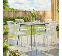 Outsunny Juego de 4 Sillas de Jardín Exterior Apilables, Sillas Terraza Exterior de PP con Respaldo Curvado, Asiento de Listones, Reposabrazos, 55x58,5x81,5 cm, Blanco BLANCO