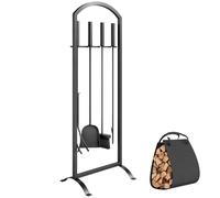 Outsunny Juego de 6 herramientas para chimenea, Metal, Negro | Portaleños, Cepillo, Recogedor, Atizador, Tenazas, Soporte