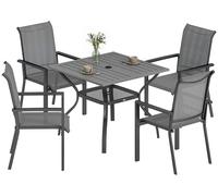Outsunny, juego de jardín de 5 piezas de acero, que incluye 4 sillas apilables y una mesa con orificio central y estante inferior, color gris