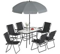 Outsunny: Juego de jardín de 8 piezas con sombrilla, 6 sillas plegables y mesa de exterior con tablero de vidrio templado, color negro