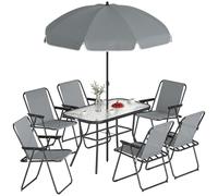 Outsunny, juego de jardín de 8 piezas que incluye una sombrilla, 6 sillas plegables y una mesa de exterior con tablero de vidrio templado, color gris