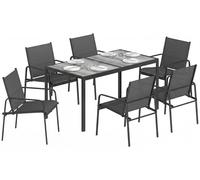 Outsunny: Juego de mesa y sillas de jardín de 7 piezas, con 6 sillas transpirables de textilene y una mesita de café con efecto madera, color negro