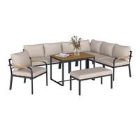 Outsunny - Juego de sofá esquinero para exteriores (7 piezas, con mesa de WPC y puf, muebles de terraza con cojines gruesos y reposabrazos de resina trenzada, beige y gris