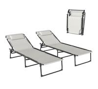 Outsunny Lote de 2 tumbonas Respaldo reclinable Plegable Multiposiciones Acero termoplástico Cordones elásticos Textilene Negro Crema
