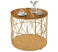 Outsunny Mesa auxiliar Ø50 cm resistente a la intemperie con aspecto de ratán, tablero de madera de acacia, patas regulables Teca