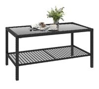 Outsunny Mesa de Jardín de Ratán, Mesita Auxiliar con Estante, Tablero de Vidrio Templado, Estructura de Acero, para Terraza, Patio, Balcón, 92x50x45 cm, Negro Black