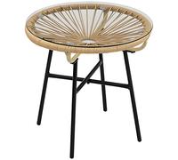 Outsunny Mesa de Jardín de Ratán Sintético Mesa de Centro Redonda para Exteriores con Tablero de Vidrio Templado y Patas de Metal para Patio Balcón Ø50x50 cm Beige