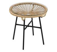Outsunny Mesa Auxiliar de Ratán Sintético Redonda para Exteriores con Encimera de Vidrio Templado Ø50x50 cm Beige Aosom España