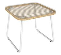 Outsunny mesa de jardín de ratán sintético mesa para exterior con encimera de vidrio templado y patas ajustables mesita auxiliar para patio terraza balcón natural y blanca 50 cm