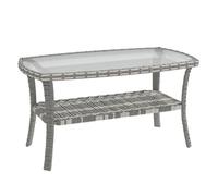 Outsunny mesa de jardín exterior de ratán con estante, mesita auxiliar de jardín rectangular, tablero de vidrio templado con ondas, estructura de acero, para terraza, patio, 90x50x45 cm, gris oscuro