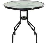 Outsunny Mesa de Jardín Redonda de Cristal con Agujero para Sombrilla Ø80x72 cm Black